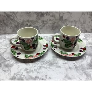Tienshan Stoneware Mug & Saucer Set of 2 "Raspberry Social" Pattern - Preowned